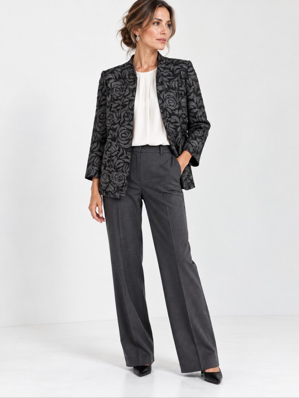 Joseph Ribkoff Blazer Gray Black Jacquard Rose Pattern Jacket - Picture 7 of 7